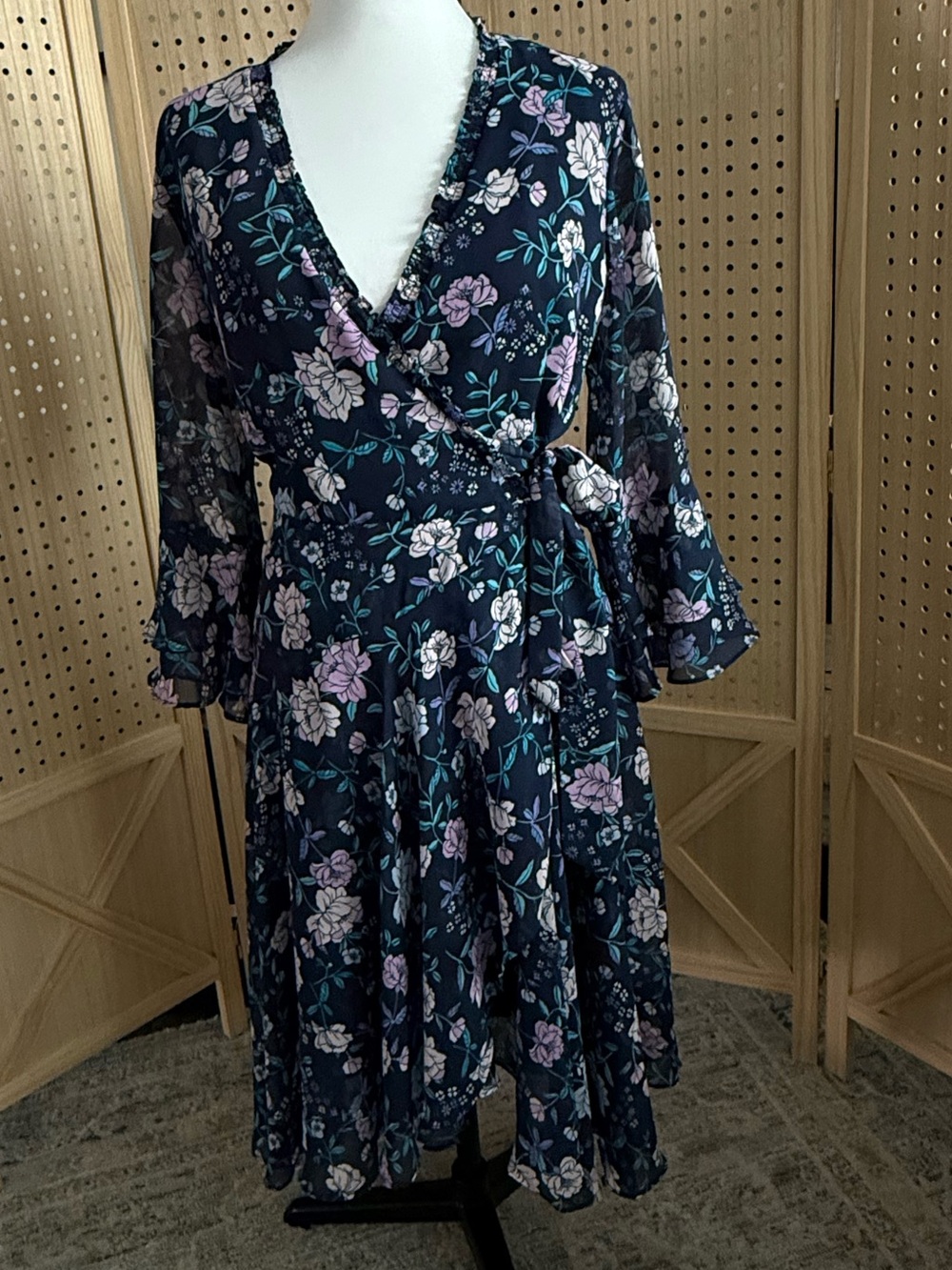 Tahari Navy Floral Wrap Dress with Lavender Accents